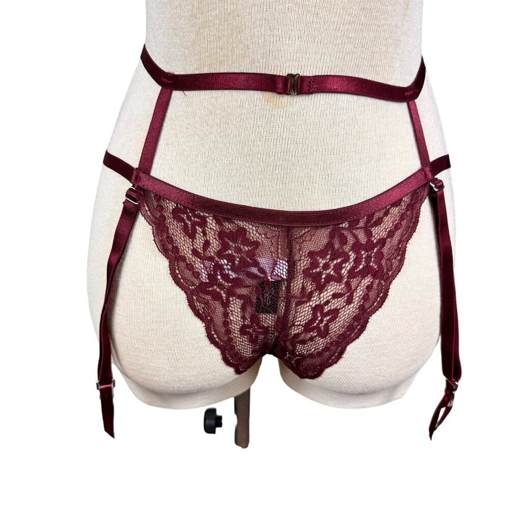 Oh La La Cherri Sexy Burgundy Lace Bralette,Panty & Garter Belt 3 Piece Lingerie - Picture 10 of 13